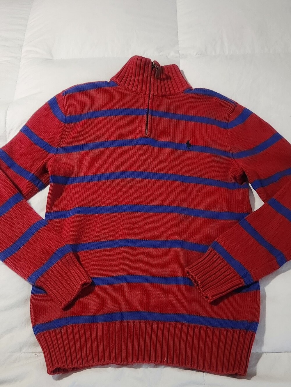 Polo Ralph Lauren Boys Large (14-16) Striped Quarter Zip Knit Sweater Red Blue
